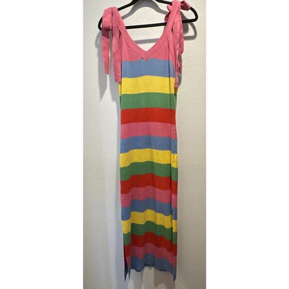 English Factory Size Medium Striped Rainbow Knit MIDI Dress Bodycon PRIDE Slit - Picture 4 of 10